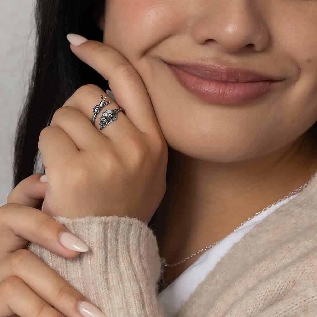 Sterling Silver or Bronze Adjustable Snail and Leaf Ring