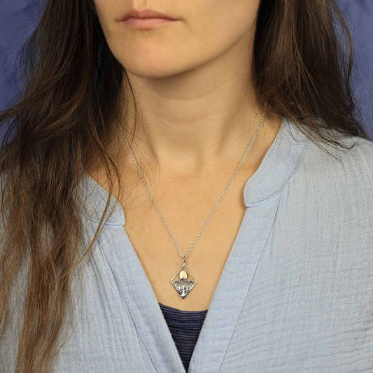 Sterling Silver Mountain Necklace with Bronze Sun