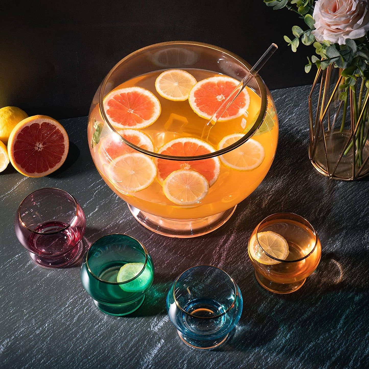 Colorful 3 Gallon Punch Bowl with 4 10oz Glasses Set & Ladle