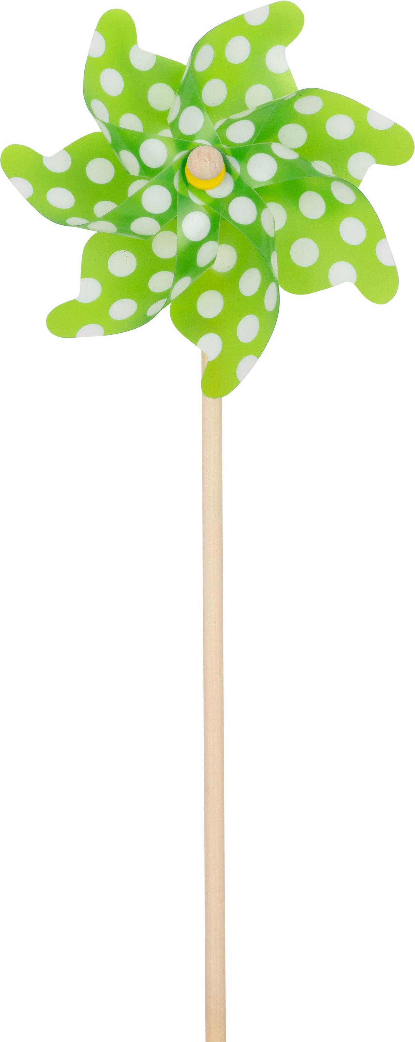 A29574:Green plastic pinwheel with white polka dots