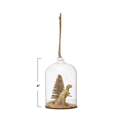Dinosaur Scene & Glitter Glass Cloche Ornament w/ Gold Finish