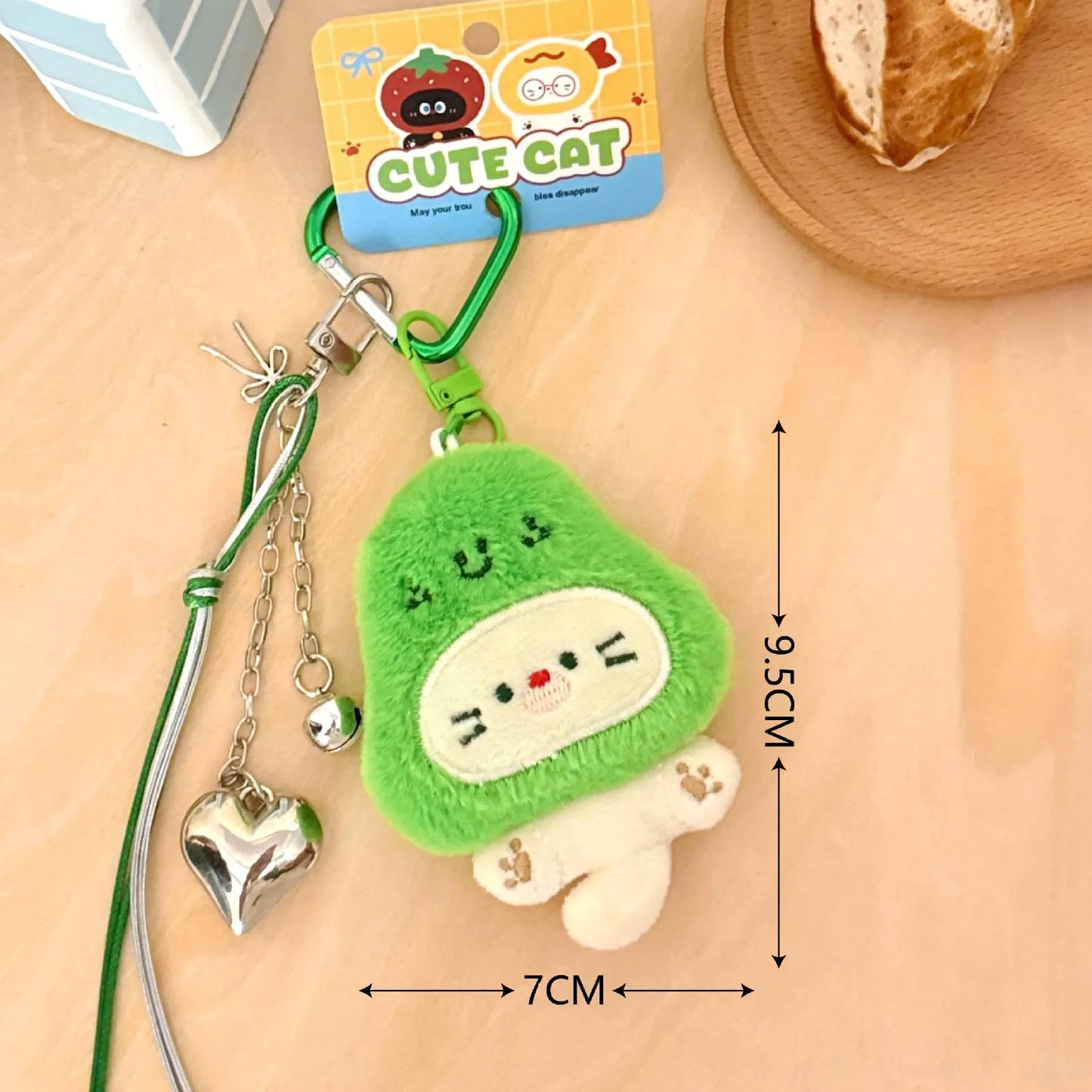 White Cat Frog Hat Green Heart Carabiner with Silver Charms Keychain