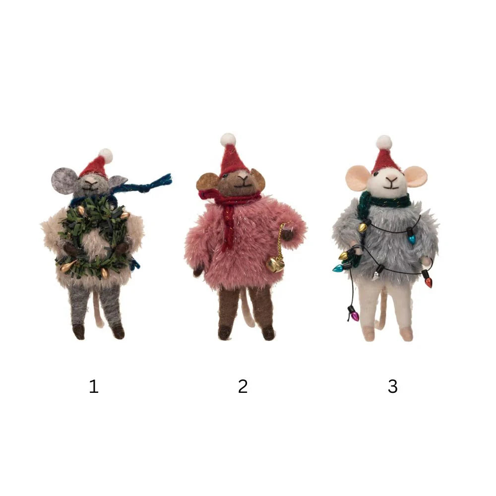 Felt Mouse Ornament - Felt Mouse w/ Faux Fur Sweater n X'mas deco