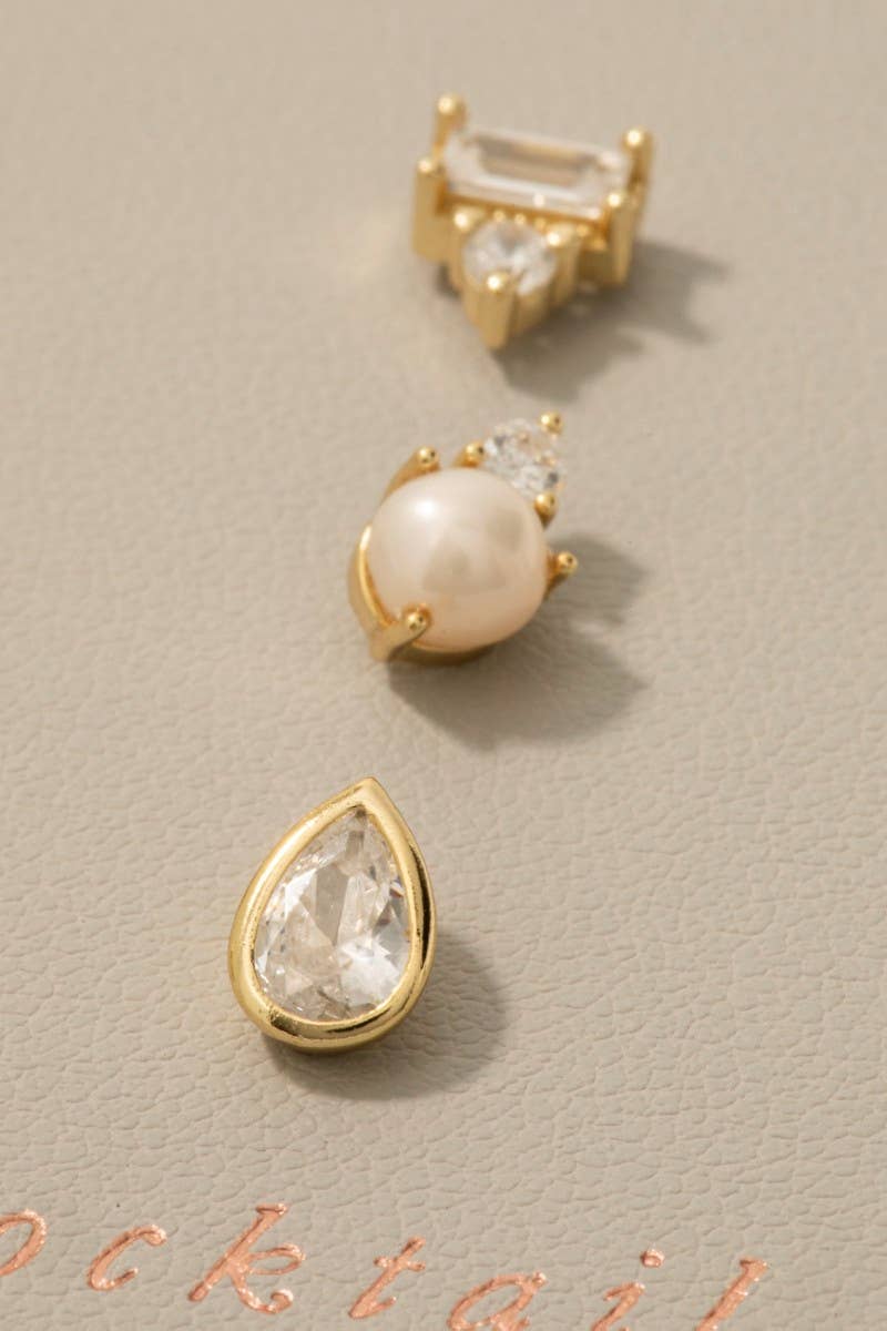 Sterling Silver Cz Tear And Pearl Stud Earrings Set