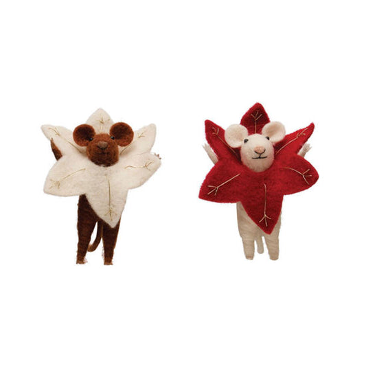 Felt Mouse Ornament -Wool Felt Mouse in Poinsettia Outfit