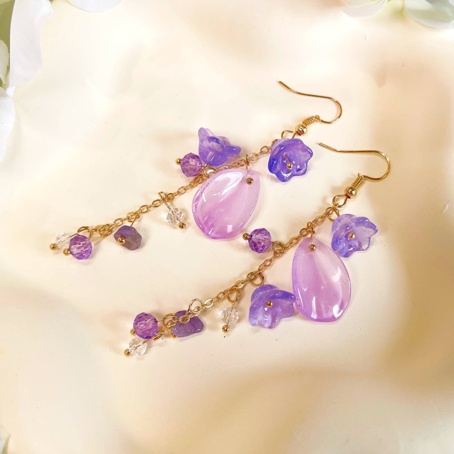 E196 purple flower long dangle drop beads earrings