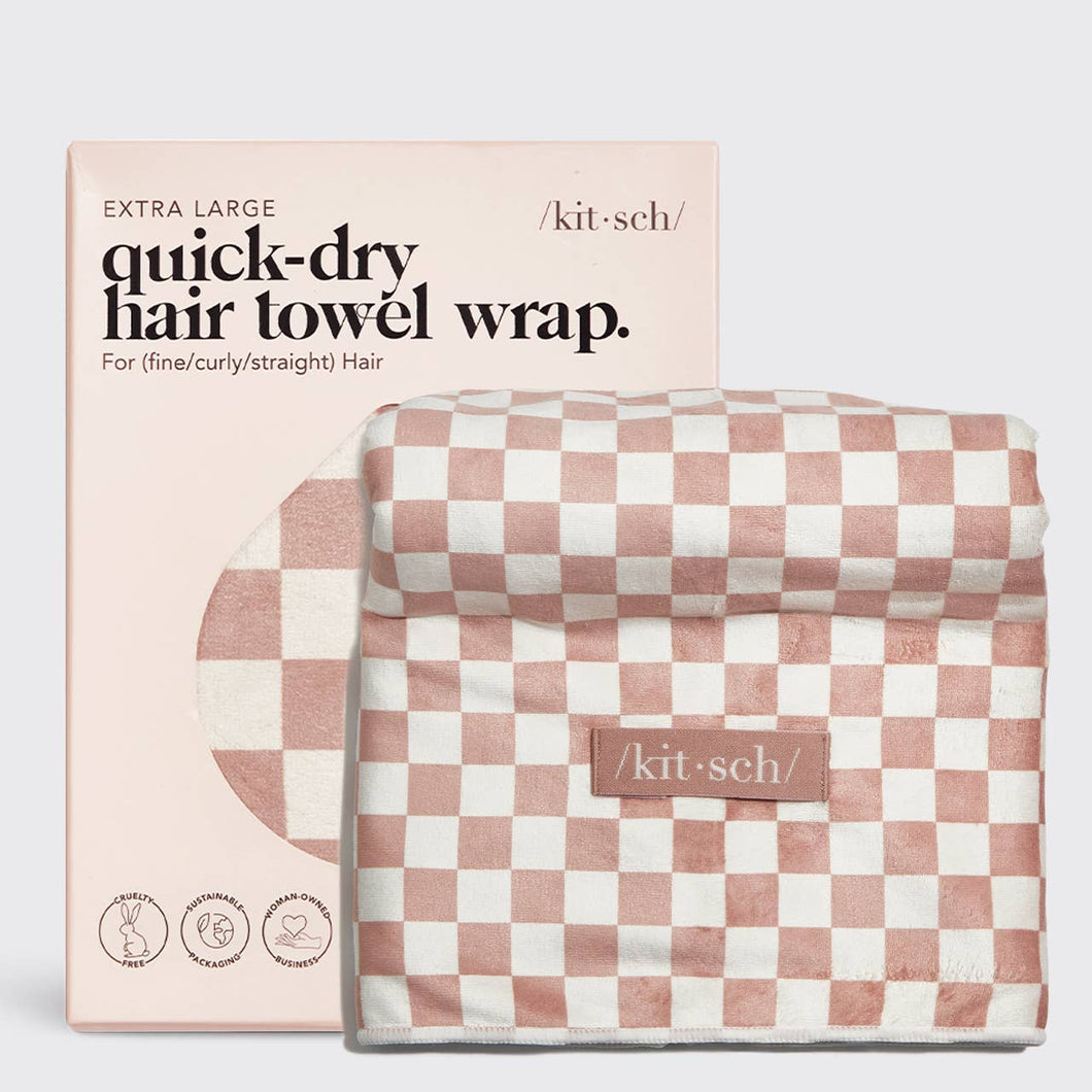 Extra Large Quick-Dry Hair Towel Wrap- Terracotta Checker