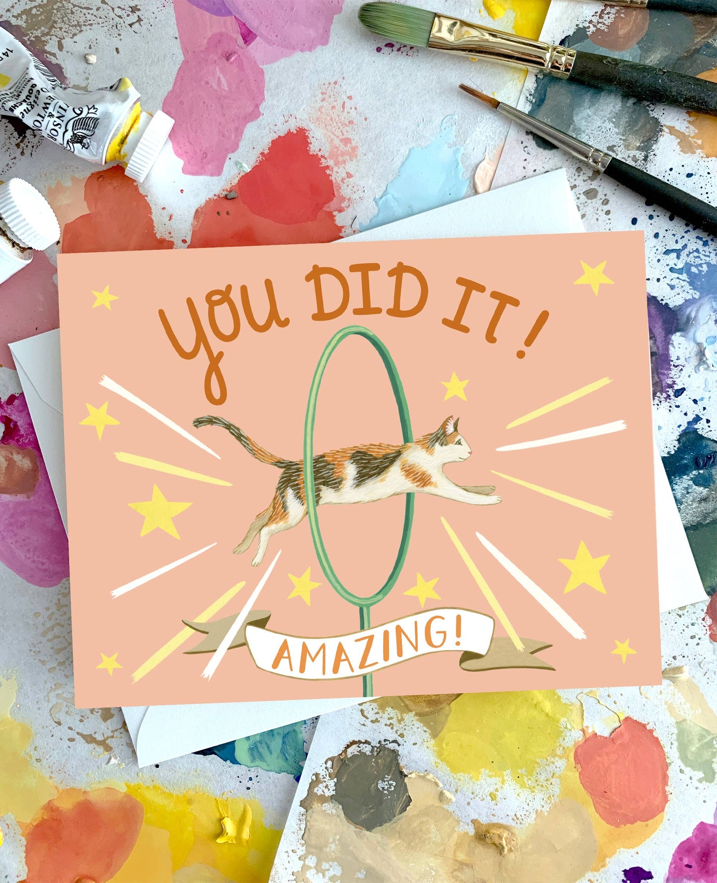 Cat Jumping Through Hoop Congratulations Card