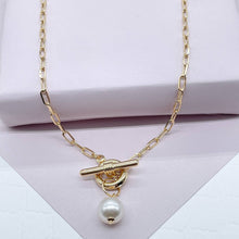 Load image into Gallery viewer, 18k Gold Filled Thin Paper Clip Necklace Lariat Featuring Pearl Toggle Closing
