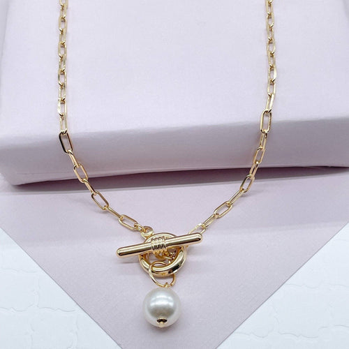 18k Gold Filled Thin Paper Clip Necklace Lariat Featuring Pearl Toggle Closing - Front & Company: Gift Store