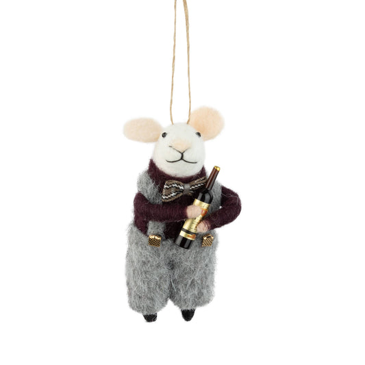 Felt Mouse Ornament:  Felt white mouse in festive outfit & wine bottle