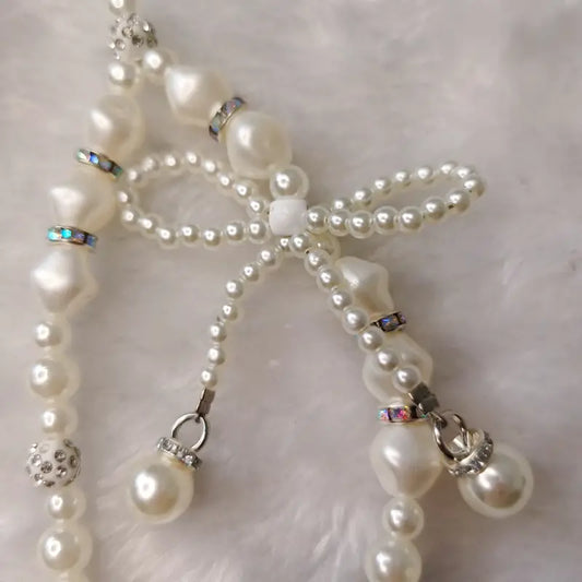 Rhinestone Pearl Bow Hand Chain Wrist Short Lanyard