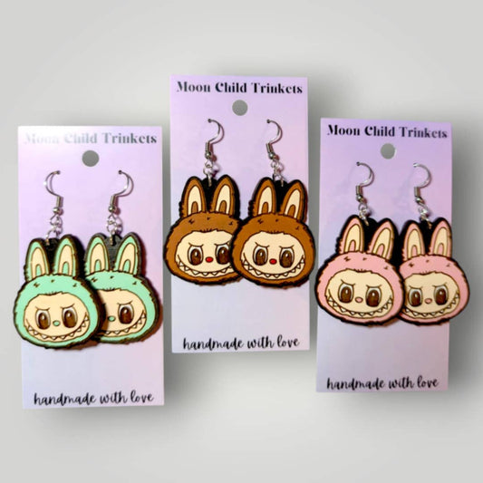 Labubu Monster Head Hand Painted Wood Earrings