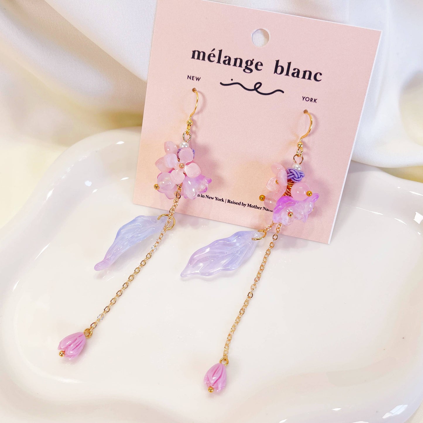 E194 purple flower long dangle drop earrings