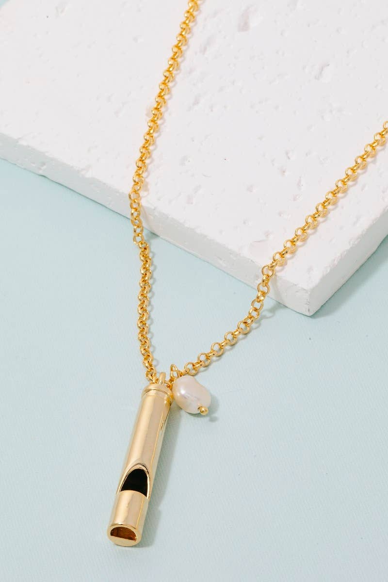 Gold Dipped Safety Whistle And Pearl Pendant Necklace