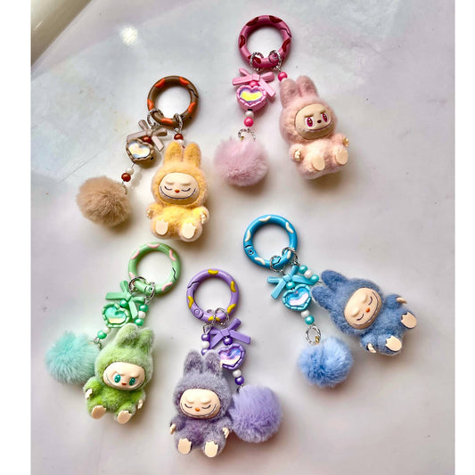 Flocked Mini Labubu Keychain Phone Charm with Fleece Poms