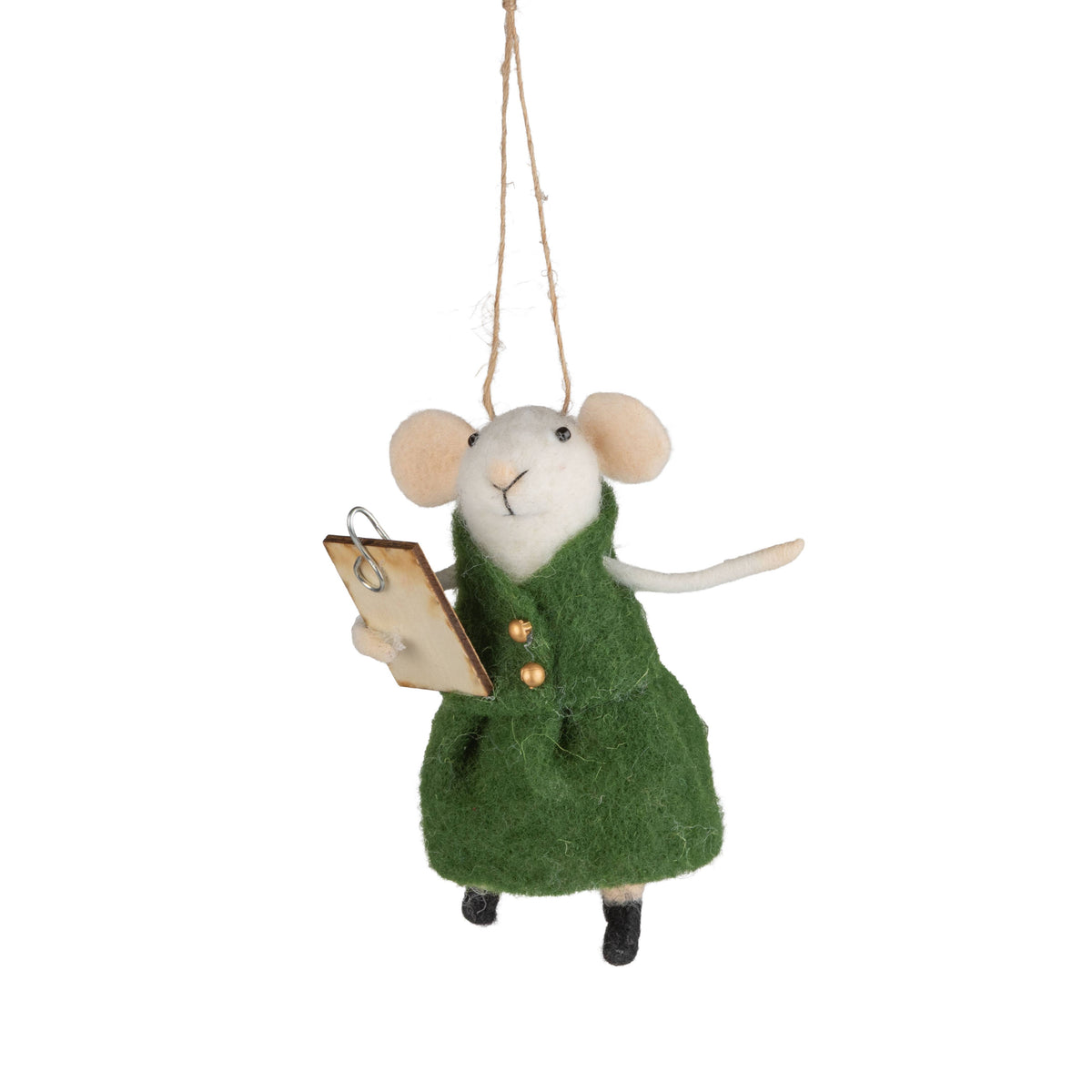 A13716:Felt mouse in green dress orn w/ clip board, 4.5in