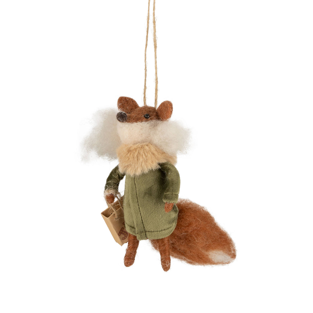 A12934:Felt fox orn green coat holding gift bag 5 in