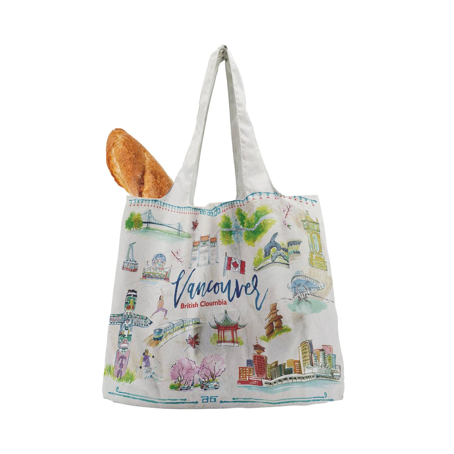 Vancouver Foldable Shopping Bag - Watercolor Canvas City Landmarks Design