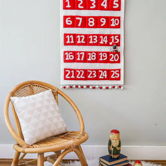 Handmade Boho Red and White Wool Christmas Advent Calendar