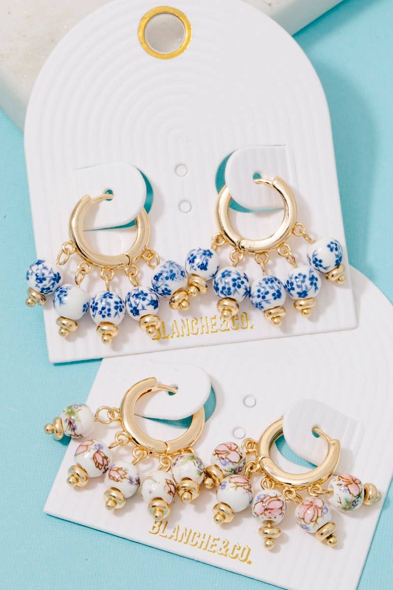 Floral Ceramic Bead Fringe Hoop Earrings