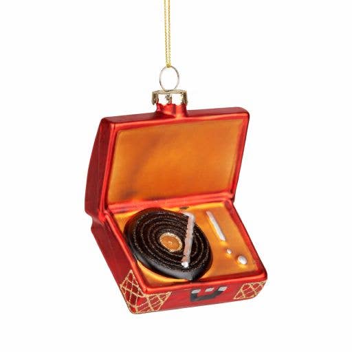 A17811:Vintage record player orn, red case 3x4 in