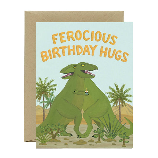 T-Rex Dinosaur Ferocious Hug and Cupcake Birthday Card