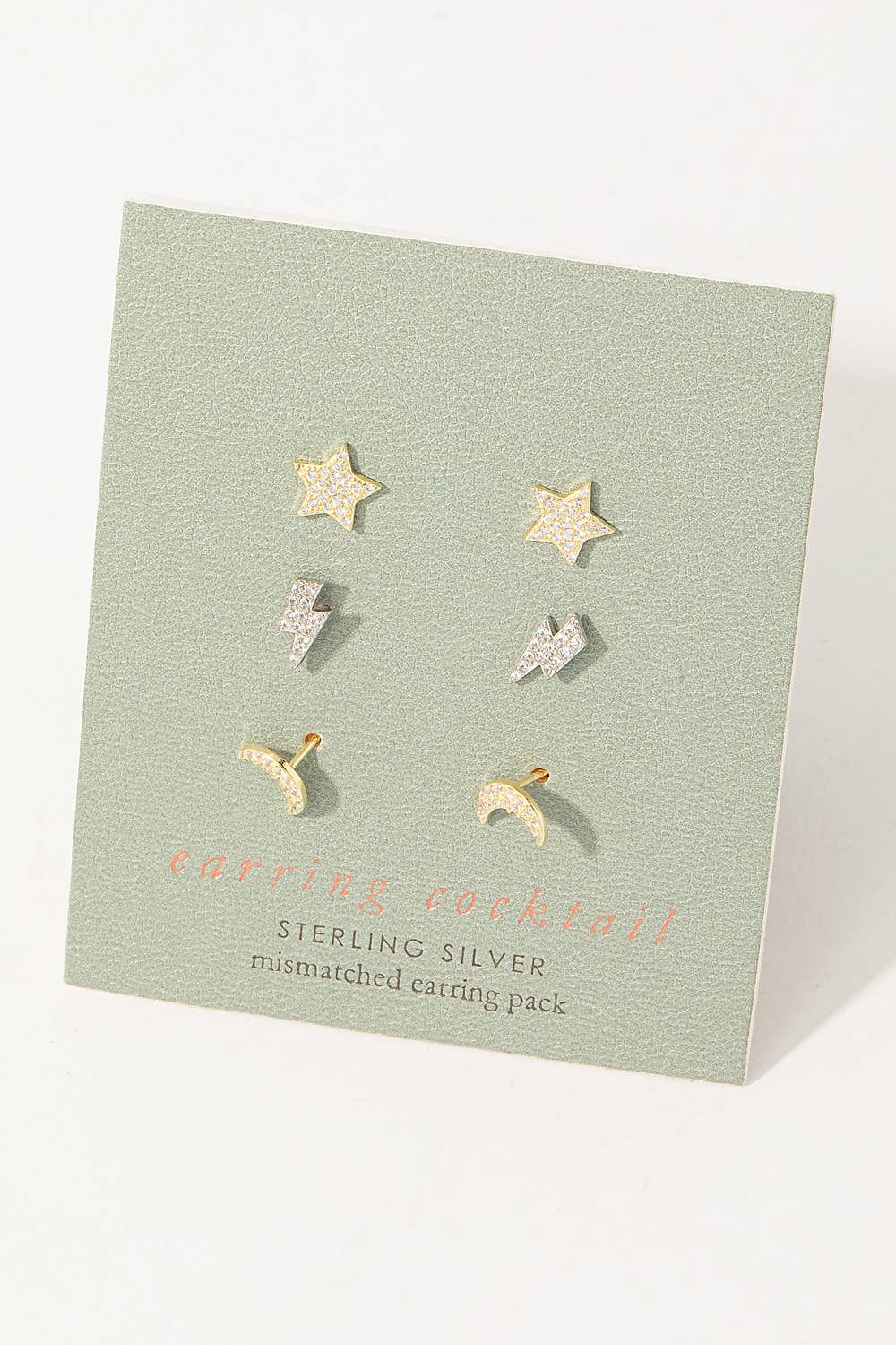 Sterling Silver Pave Moon Lightning Star Stud Earring Set
