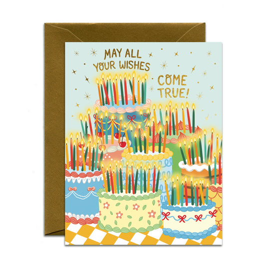 Many Wishes Retro Vintage Birthday Cakes Card *Foil Stamped*
