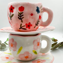 Load image into Gallery viewer, Pink flower ceramic mug and saucer, Folk hand painted mug
