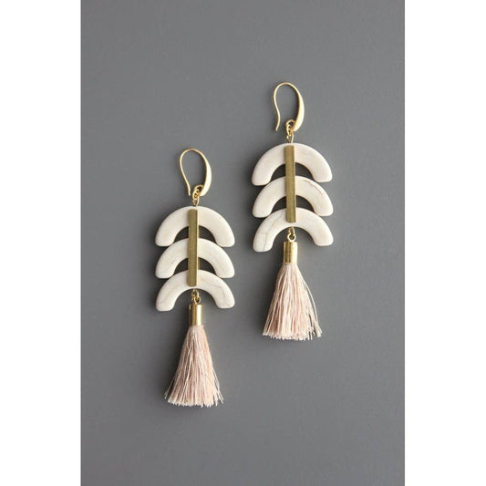 YSME27 Geometric white stone and blush tassel earrings