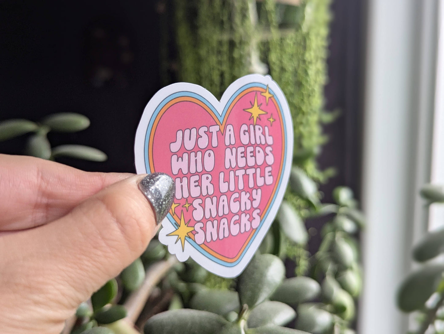 Just a girl who needs her little snacky snacks vinyl sticker