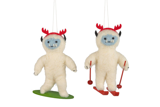 Felt Skiing Snowboarding Yeti ornaments