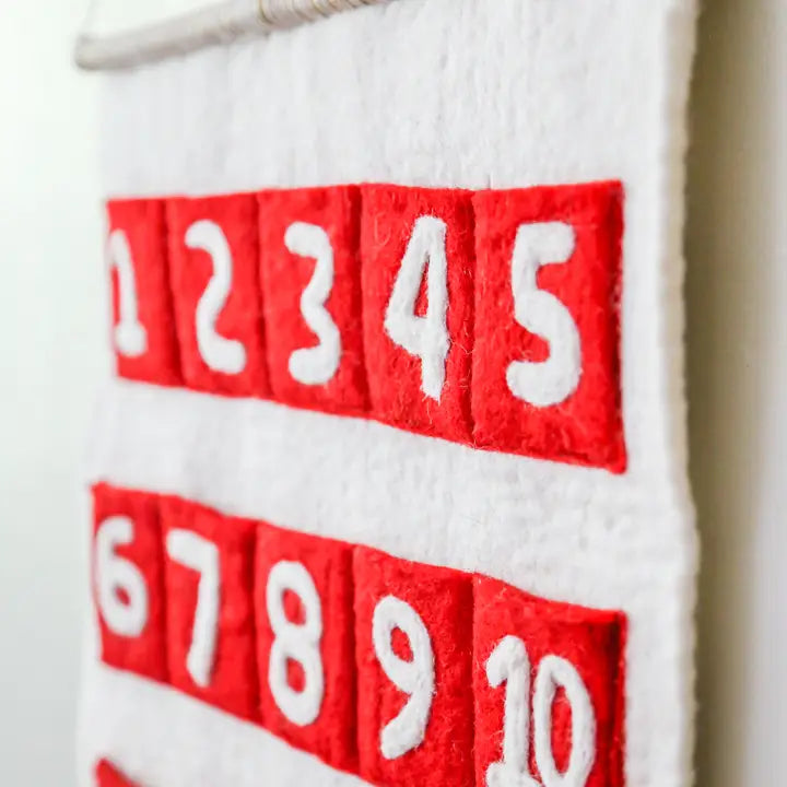 Handmade Boho Red and White Wool Christmas Advent Calendar