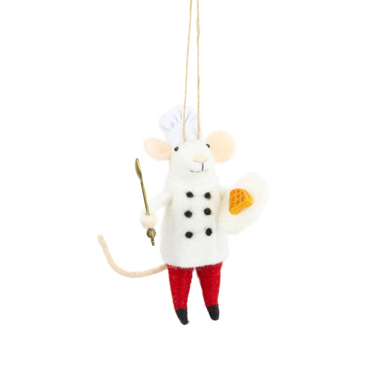 Felt Mouse Ornament:  chef jacket,hat, a plate,waffle,5in