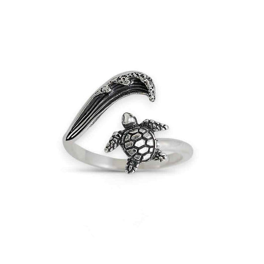 Sterling Silver or Bronze Sea Turtle & Wave Adjustable Ring