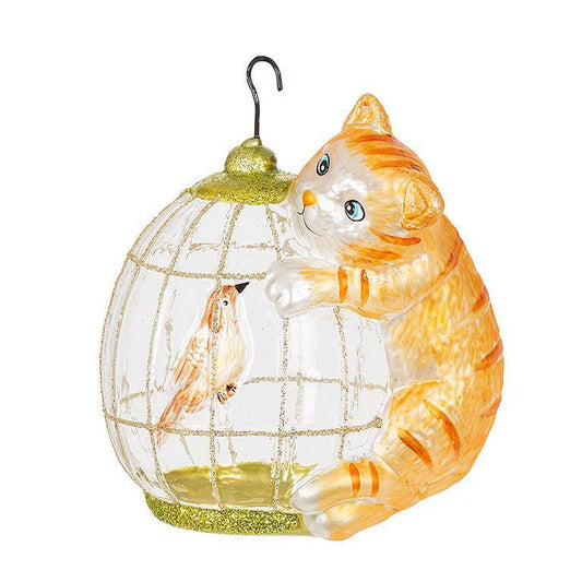 Glass Ornament - Cat On Birdcage Ornament