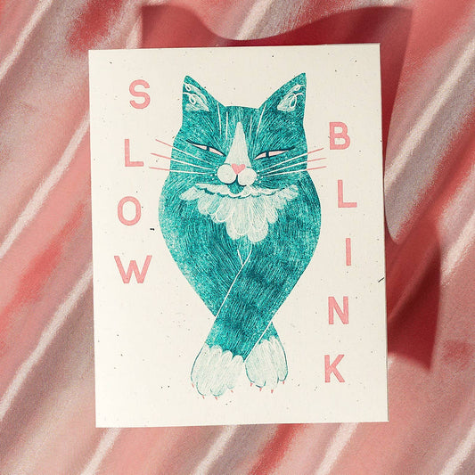 Slow Blink Cat - Risograph Greeting Card