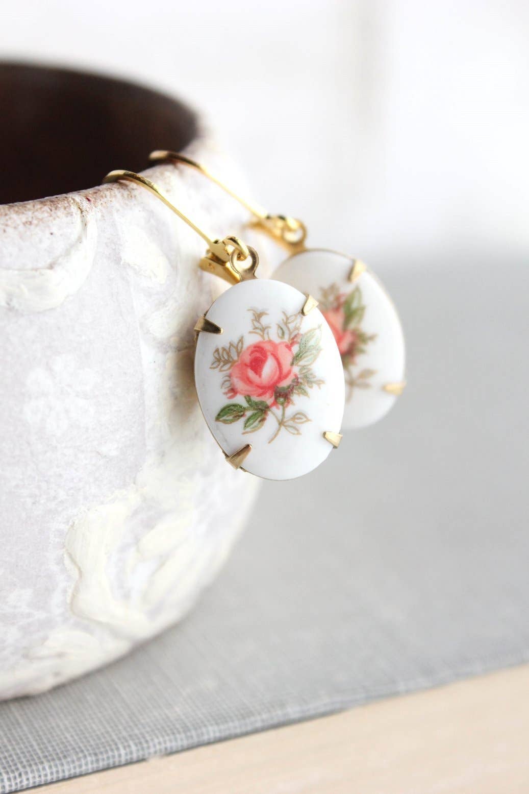 Pink Rose Oval Cameo Earrings - Vintage Glass