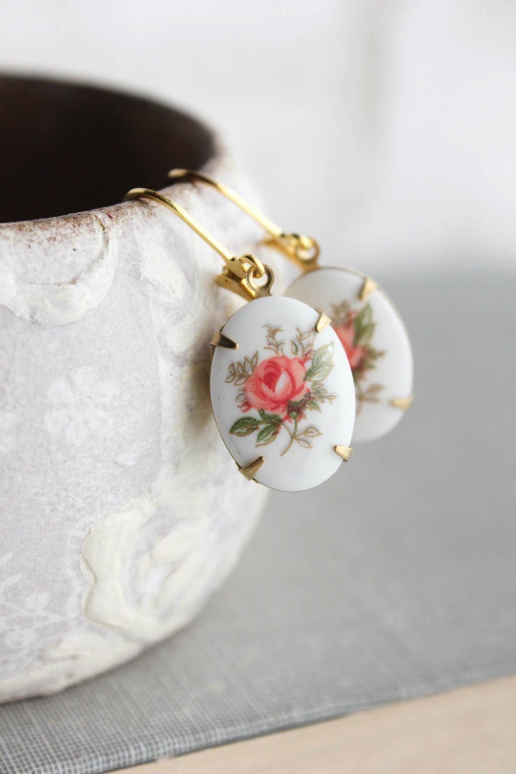 Pink Rose Oval Cameo Earrings - Vintage Glass
