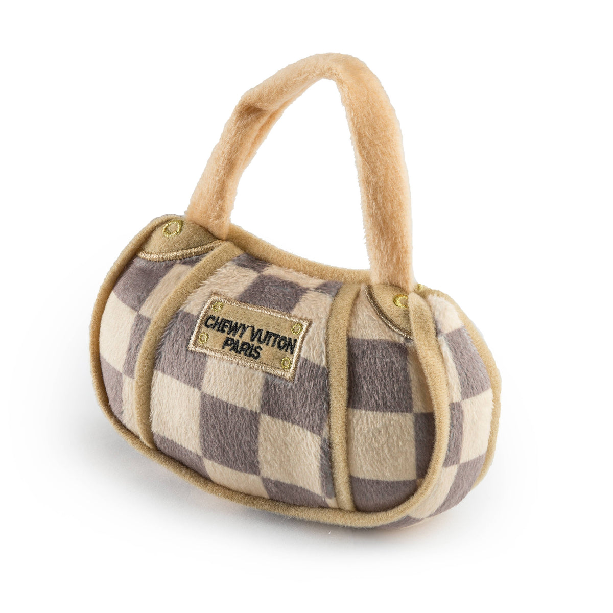 Tan Checker Chewy Vuiton Handbag | Plush Squeaker Dog Toy