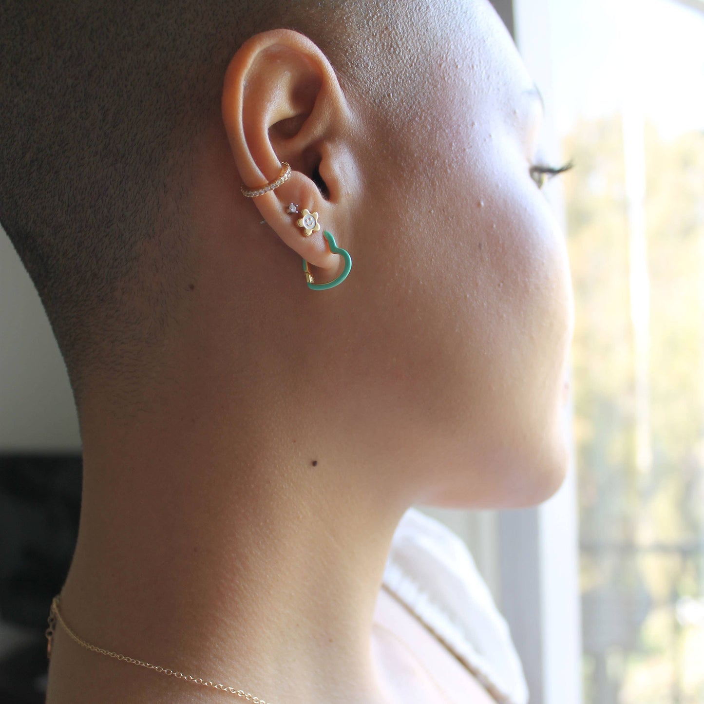 Open Heart Enamel Hinged Huggie Hoop Earrings 18K Gold Vermeil