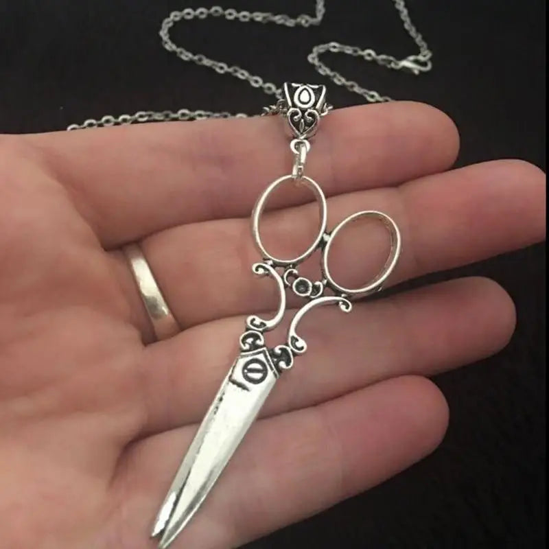 Big Scissor Vintage Silver Pendant Necklace