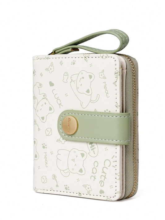 Green or black Cat Print white Tri-Fold Short PU Leather Wallet