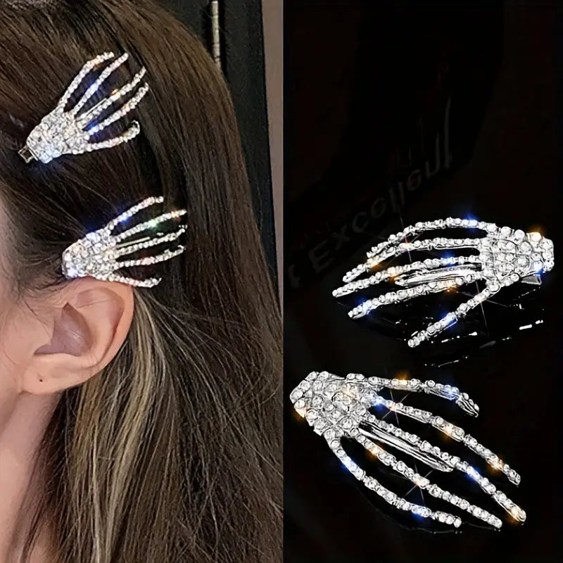 Glittering Rhinestone Skeleton Hand Hair Clips