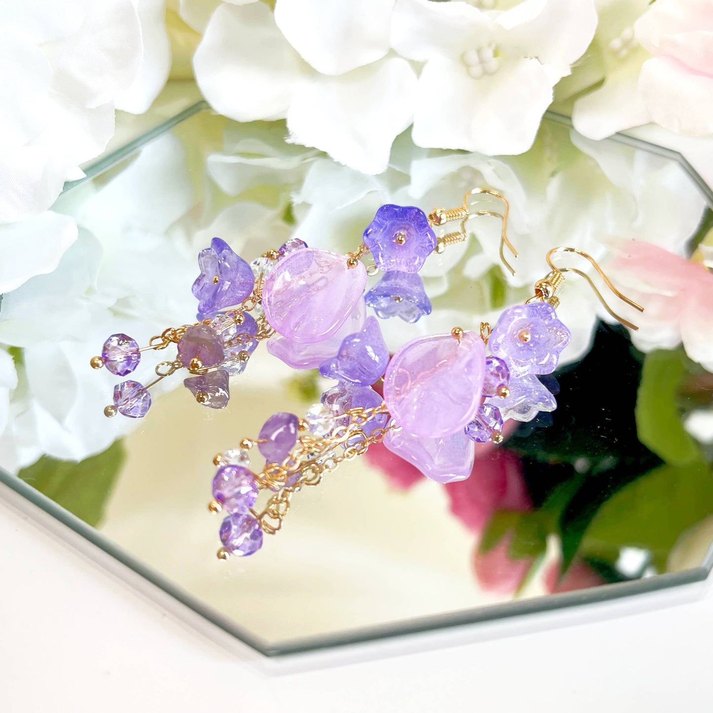 E196 purple flower long dangle drop beads earrings