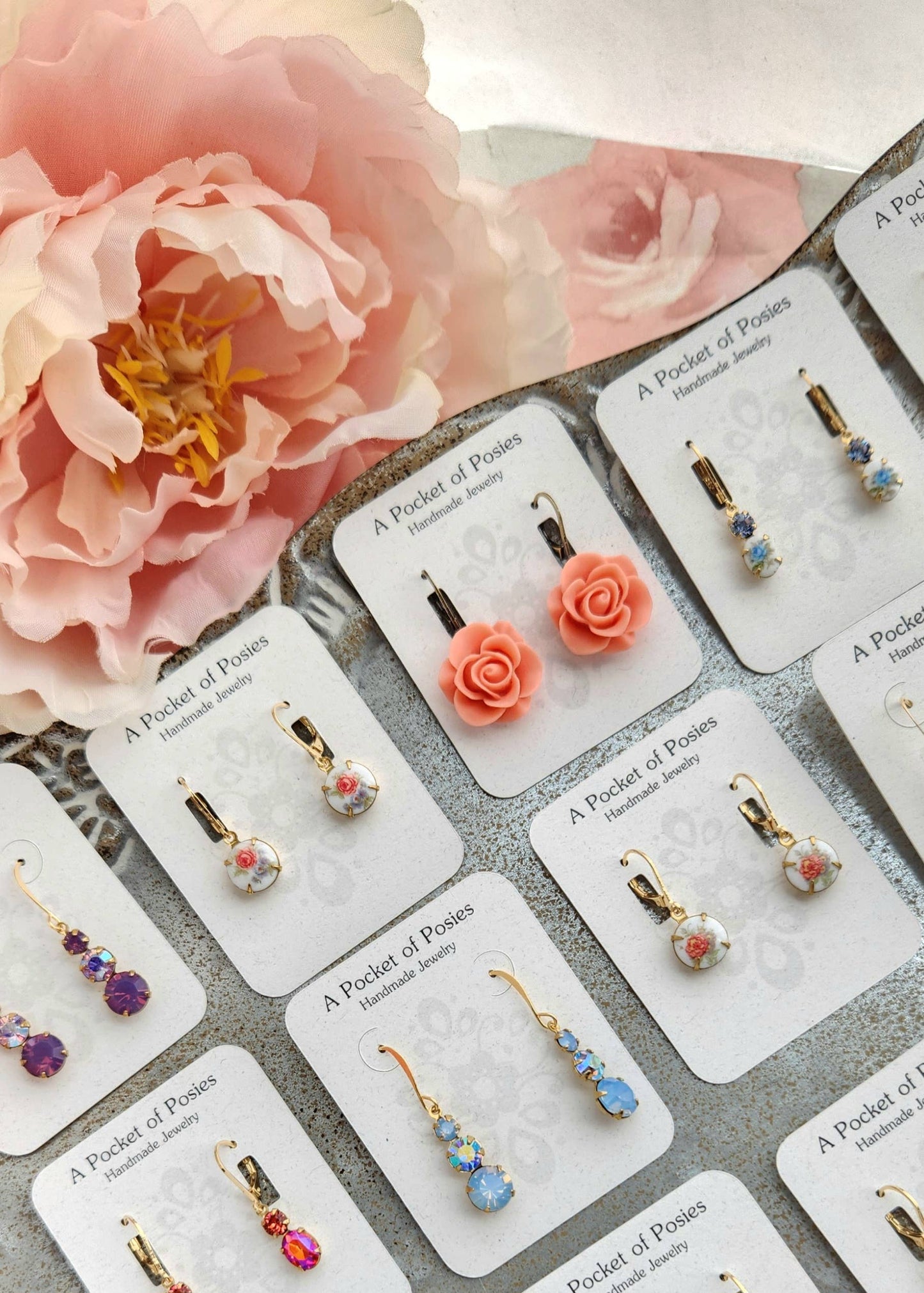 Little Blue Rose Cameo Earrings - Vintage Glass