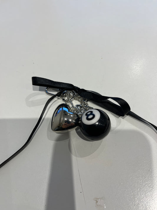 Bag Charm with Silver Heart, 8 Ball, Star Charm & Black Ribbon Bow