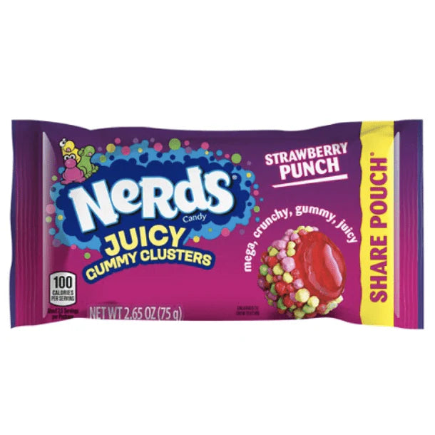 Nerds Strawberry Punch gummy cluster package on a white background