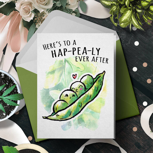 "Hap-pea-ly Ever After" - Funny Cute Pea Wedding Card